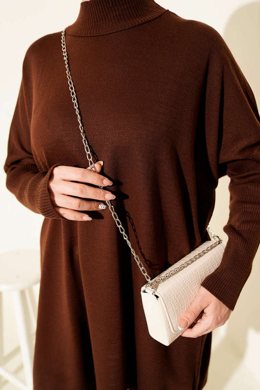 Oversized gebreide tuniek met geribbelde mouwen, bruin