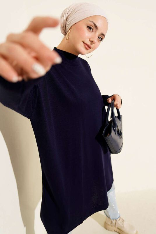 Oversized Knit Tunic with Ribbed Sleeves, Navy Blue