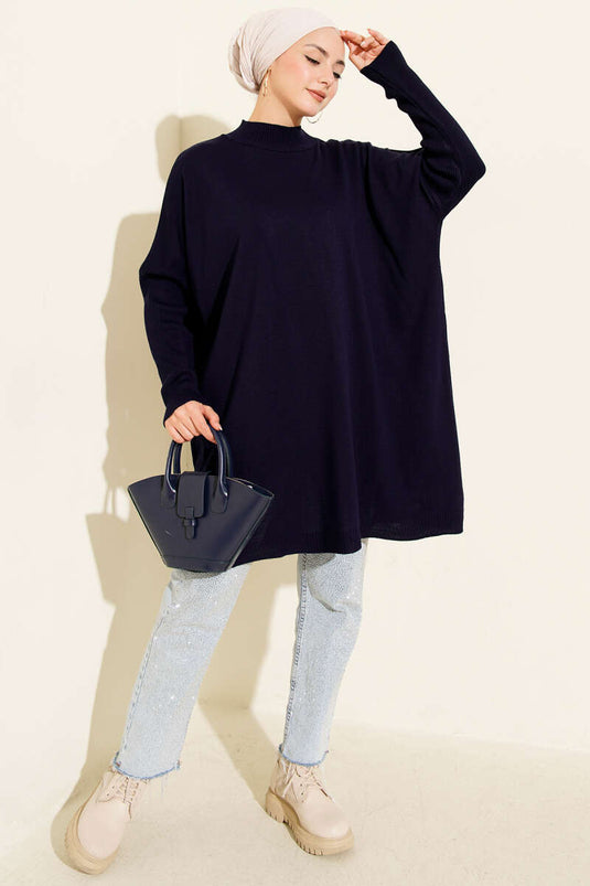 Oversized Knit Tunic with Ribbed Sleeves, Navy Blue
