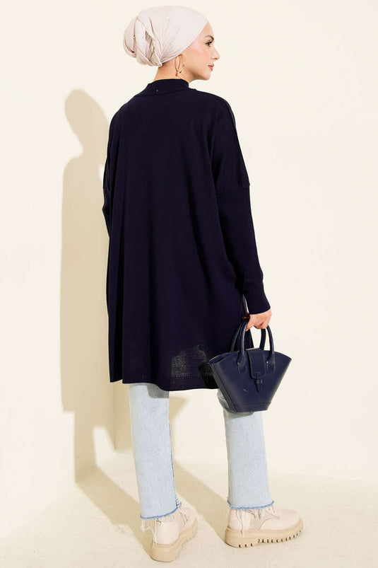 Oversized Knit Tunic with Ribbed Sleeves, Navy Blue