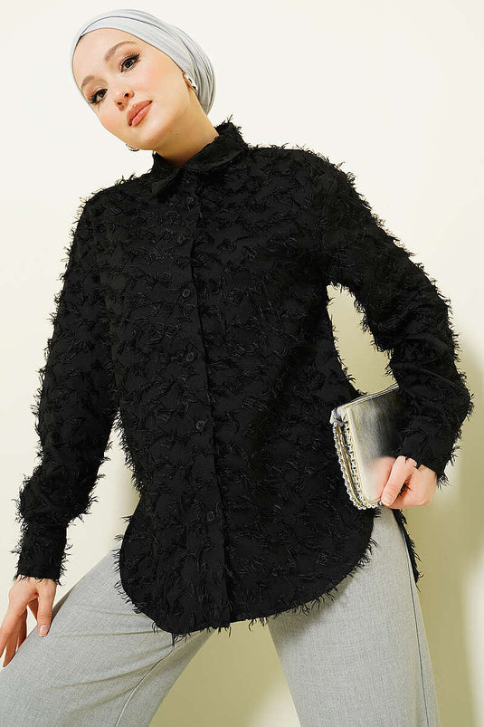 Langärmliges Hemd mit Rippenstrickbündchen und Bartmuster, Schwarz
