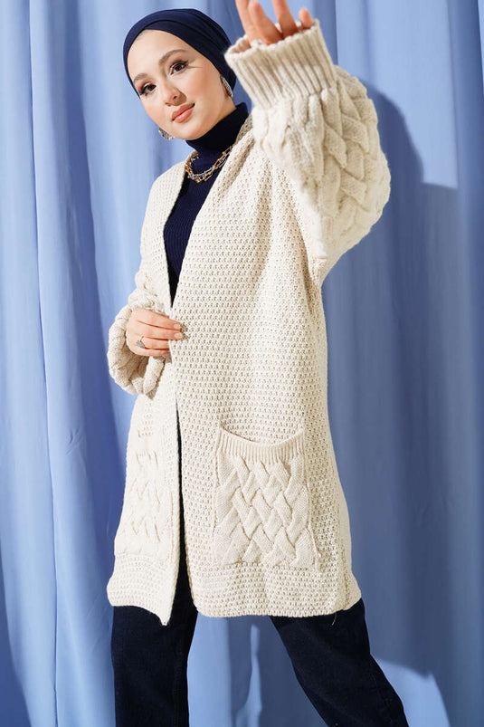 Sleeve Basket Weave Cardigan Beige
