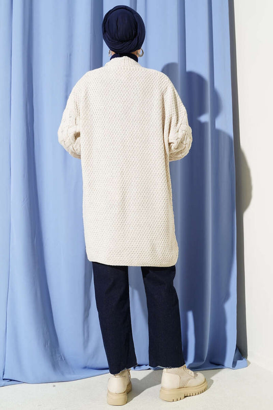 Sleeve Basket Weave Cardigan Beige