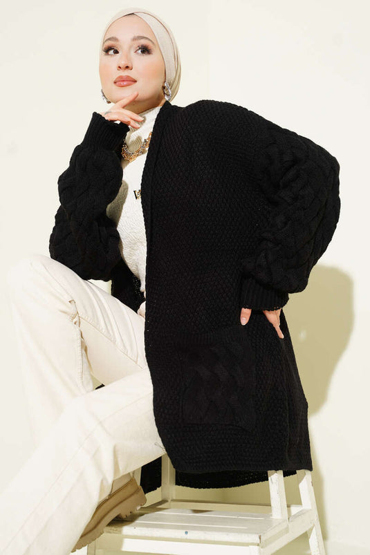 Black Sleeve Basket Weave Cardigan