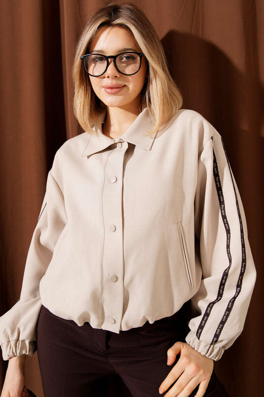 Beige Snap-Button Jacket with Sleeve Stripes