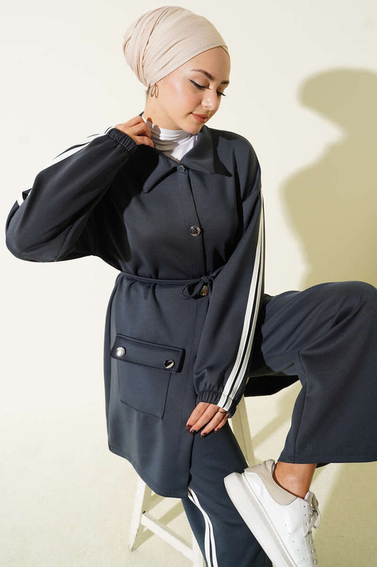 Kol Şeritli Düğmeli Scuba İkili Takım Füme