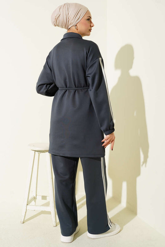 Kol Şeritli Düğmeli Scuba İkili Takım Füme