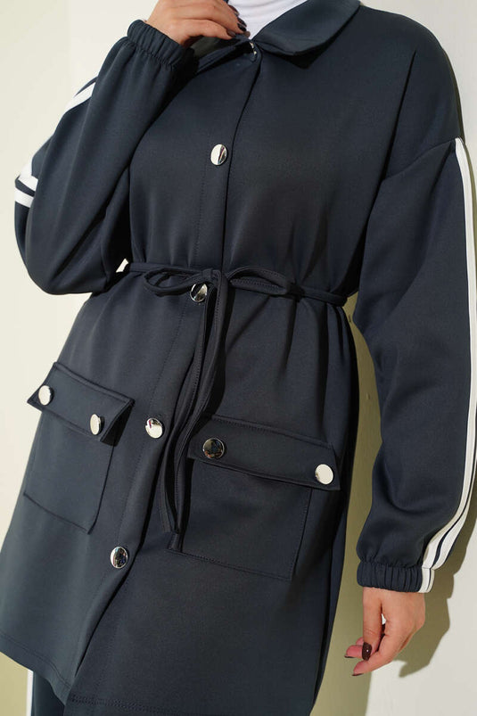 Kol Şeritli Düğmeli Scuba İkili Takım Füme