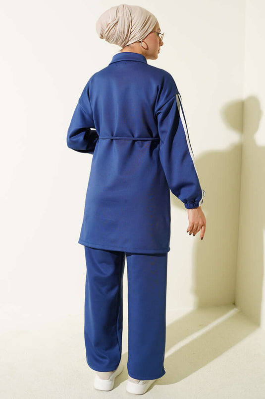 Kol Şeritli Düğmeli Scuba İkili Takım Lacivert