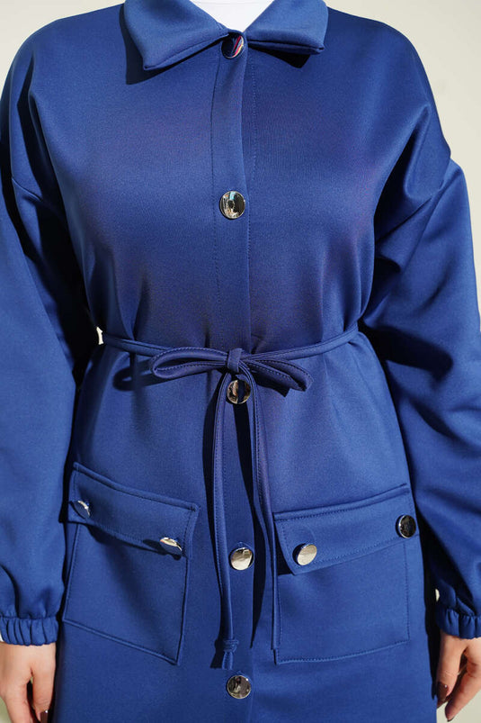 Kol Şeritli Düğmeli Scuba İkili Takım Lacivert