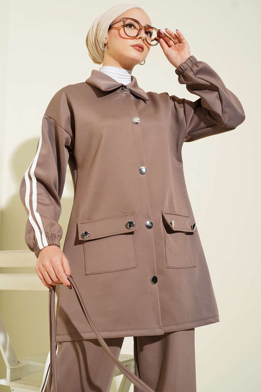 Kol Şeritli Düğmeli Scuba İkili Takım Vizon