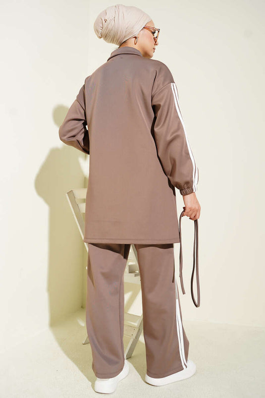 Kol Şeritli Düğmeli Scuba İkili Takım Vizon