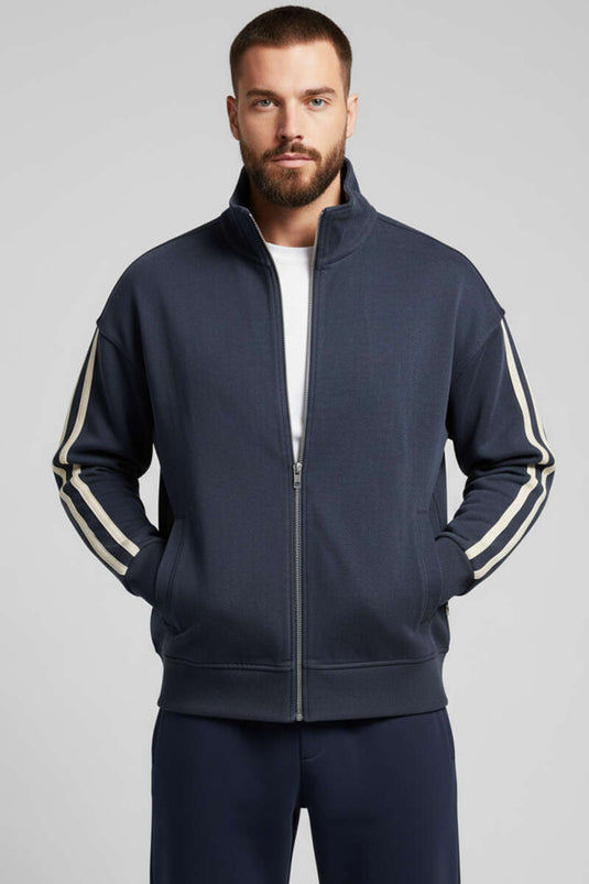 قميص رياضي رجالي بأكمام مخططة وسحاب، رمادي داكن