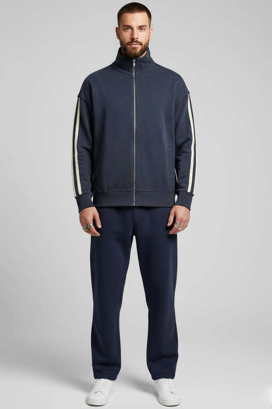 قميص رياضي رجالي بأكمام مخططة وسحاب، رمادي داكن