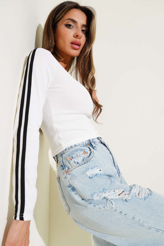 Sleeve-Striped Corset Blouse White