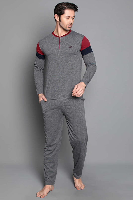 طقم بيجاما رجالي بأكمام طويلة مخططة، رمادي داكن/عنابي
