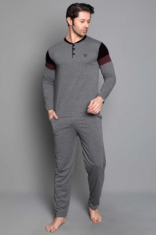 طقم بيجاما رجالي بأكمام طويلة مخططة، رمادي دخاني/أسود