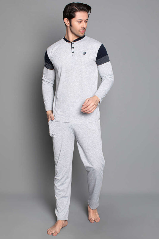 طقم بيجاما رجالي بأكمام طويلة مخططة، رمادي