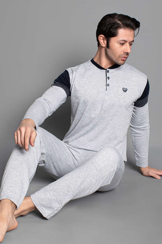 طقم بيجاما رجالي بأكمام طويلة مخططة، رمادي