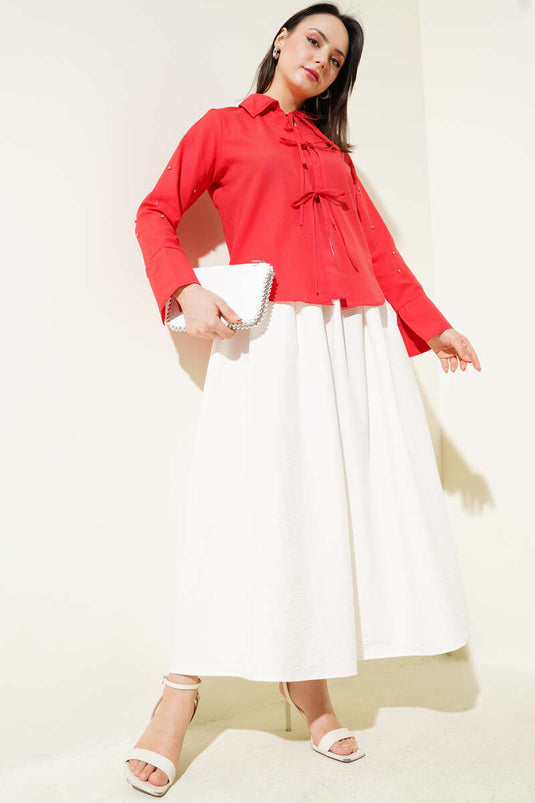 Sleeve Stone Laced Short Shirt Red