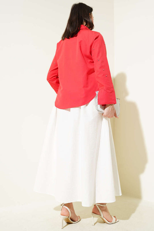 Sleeve Stone Laced Short Shirt Red