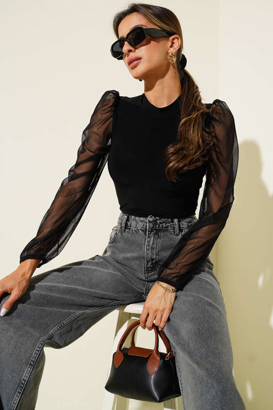 Sandy Blouse with Tulle Sleeve Detail, Black