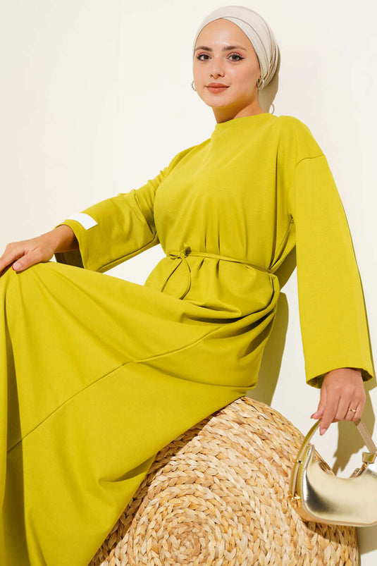 Oil Green Laced Dress with Embroidered Sleeves