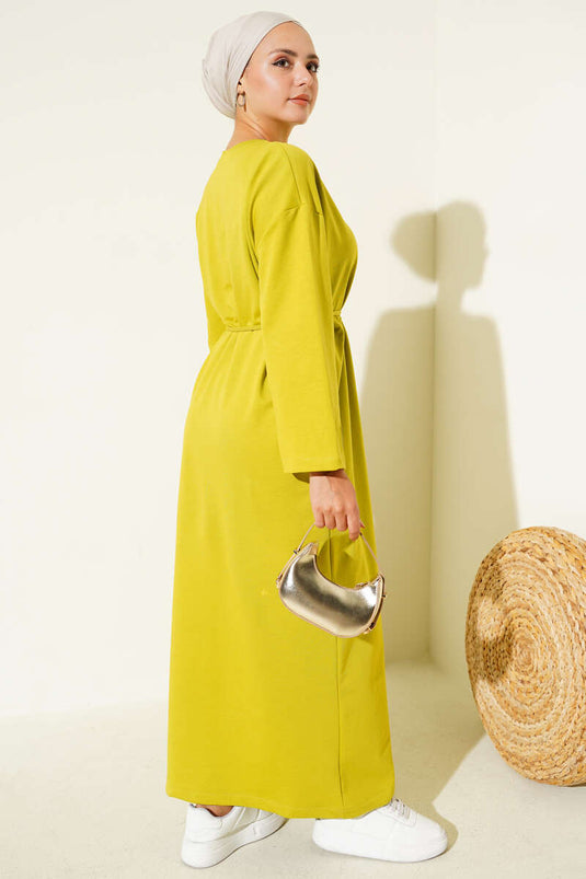 Oil Green Laced Dress with Embroidered Sleeves