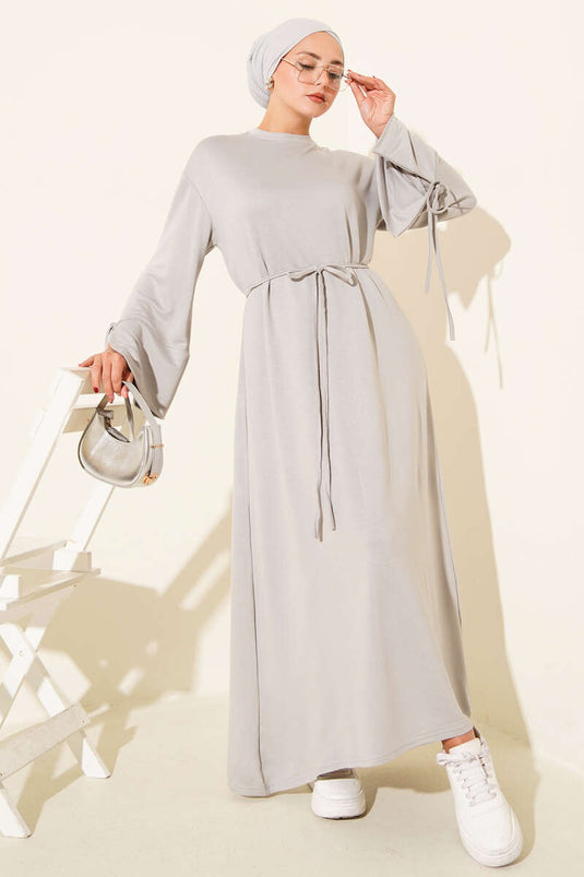 Gray Dress with Lace Detail on the Sleeves