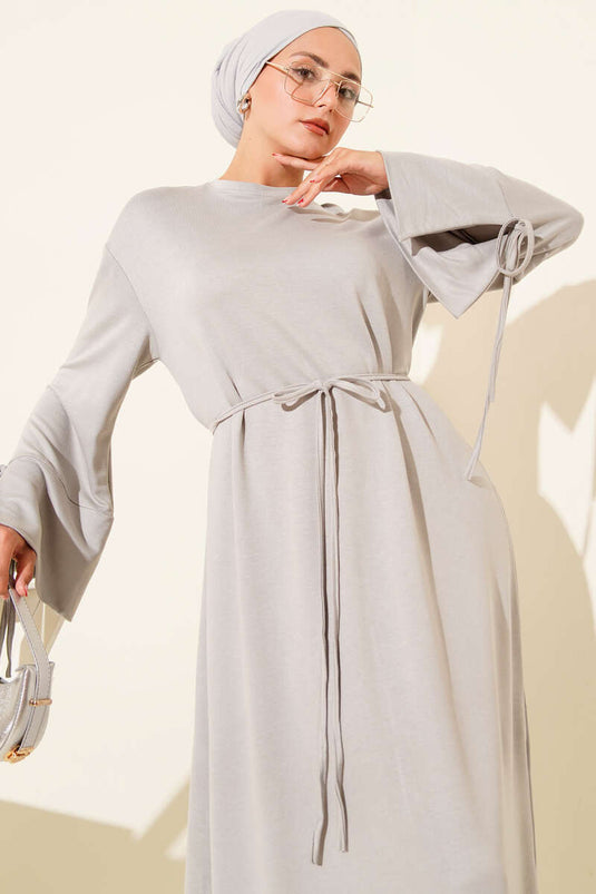 Gray Dress with Lace Detail on the Sleeves