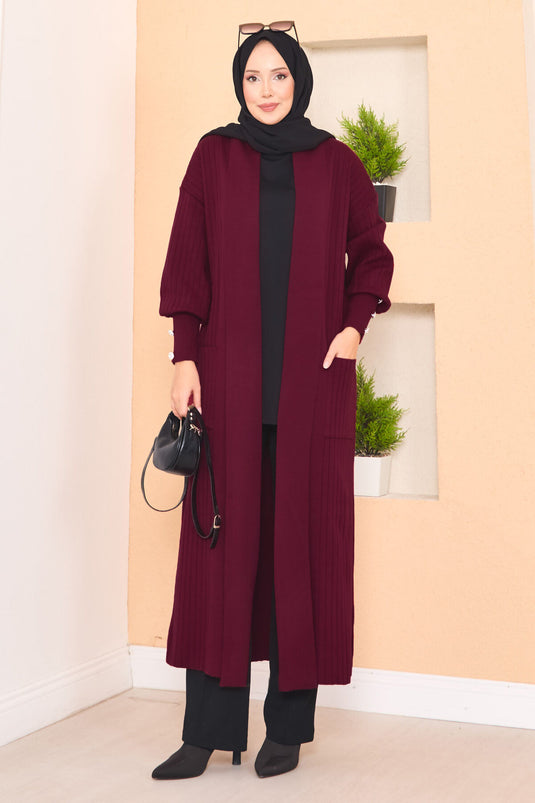Cardigan hijab en tricot à col châle et manches boutonnées, bordeaux