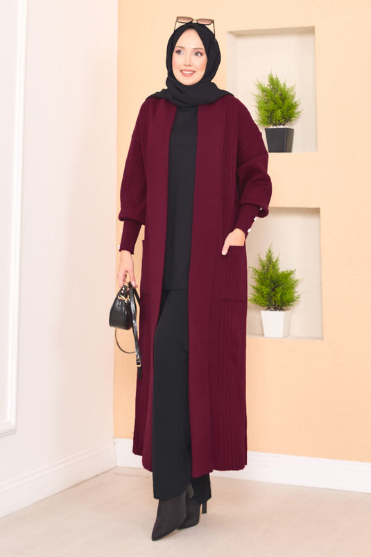 كارديجان حجاب محبوك بياقة شال وأكمام بأزرار، لون عنابي