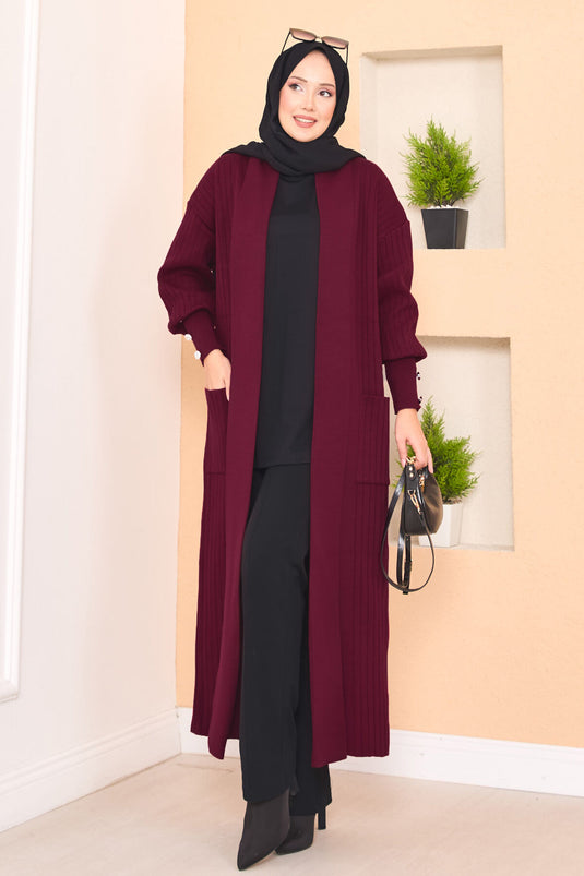 كارديجان حجاب محبوك بياقة شال وأكمام بأزرار، لون عنابي