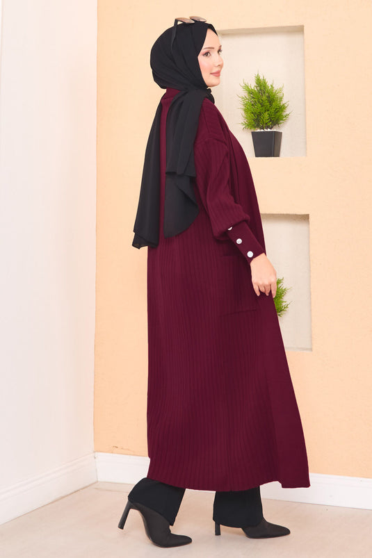 كارديجان حجاب محبوك بياقة شال وأكمام بأزرار، لون عنابي