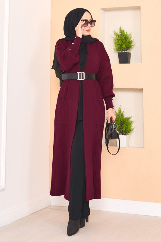 كارديجان حجاب محبوك بياقة شال وأكمام بأزرار، لون عنابي