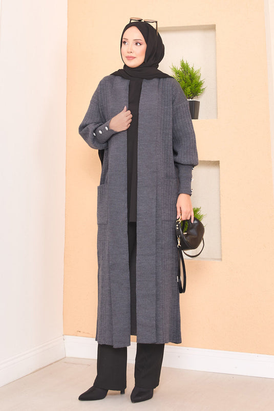 كارديجان حجاب محبوك بياقة شال وأكمام بأزرار، لون دخاني