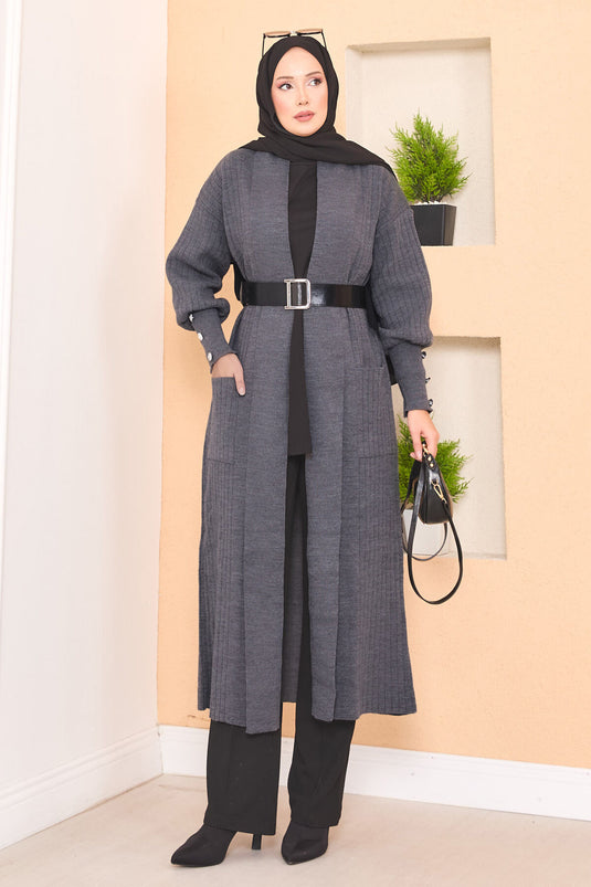 كارديجان حجاب محبوك بياقة شال وأكمام بأزرار، لون دخاني