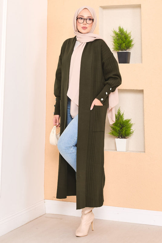 كارديجان حجاب محبوك بياقة شال، لون كاكي، بأكمام بأزرار