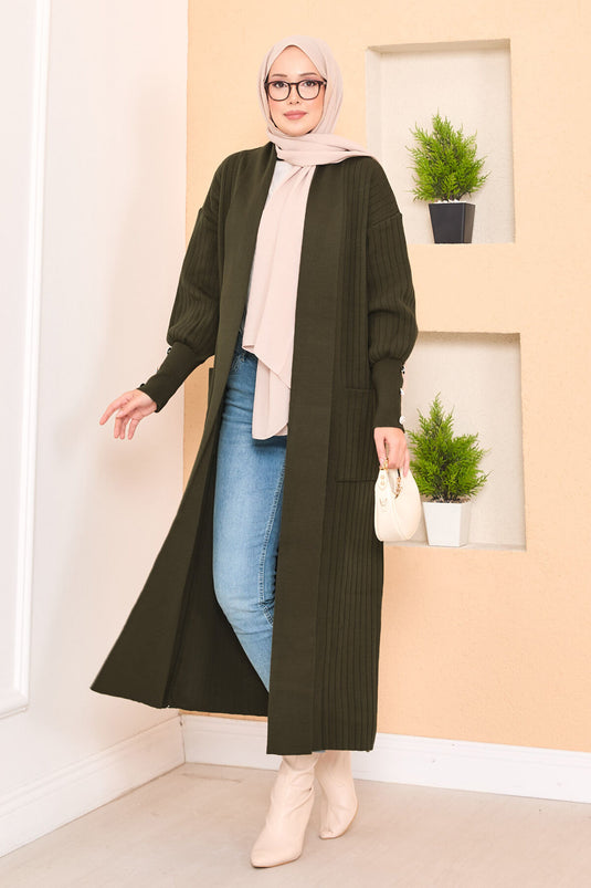 كارديجان حجاب محبوك بياقة شال، لون كاكي، بأكمام بأزرار