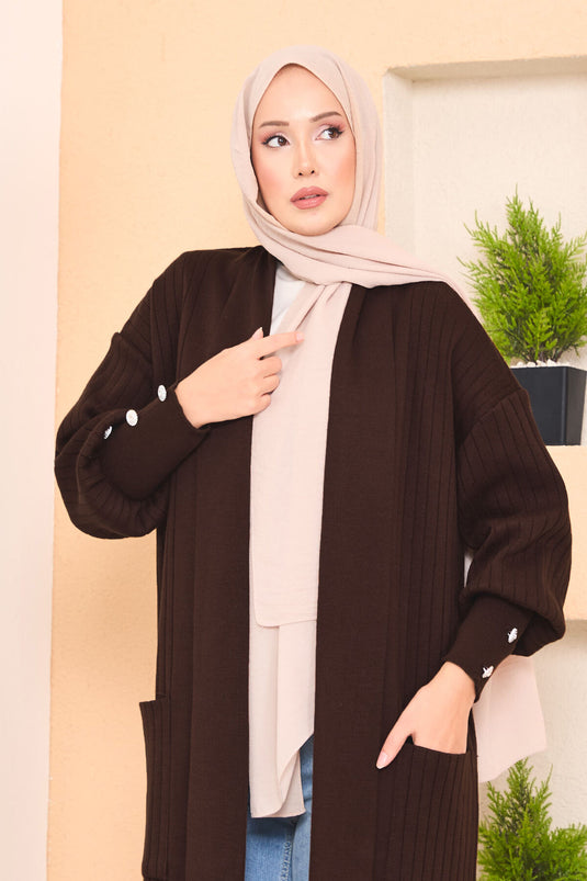 Cardigan hijab en tricot à col châle et manches boutonnées, marron