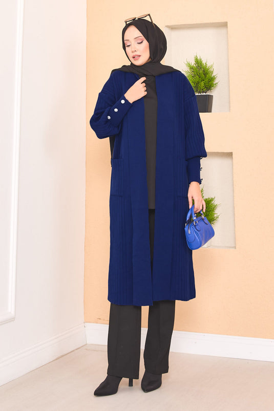 كارديجان حجاب محبوك بياقة شال وأكمام بأزرار، أزرق داكن