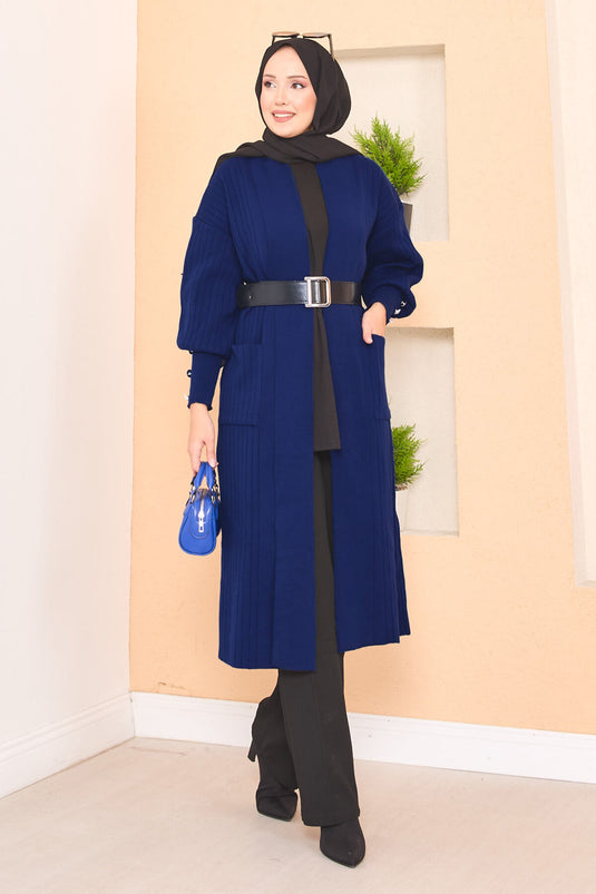 كارديجان حجاب محبوك بياقة شال وأكمام بأزرار، أزرق داكن