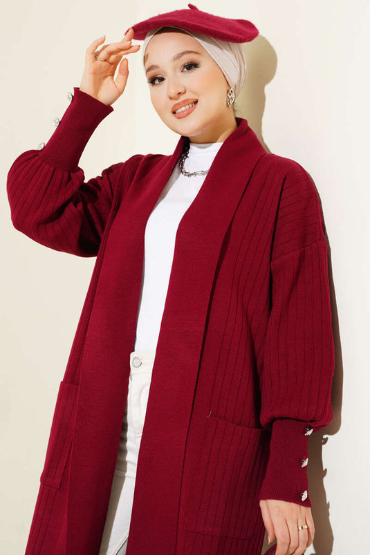 Cardigan en maille à col châle et manches boutonnées, bordeaux