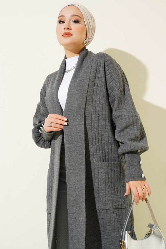 Shawl Collar Knitted Cardigan with Buttoned Sleeves, Smoke Color