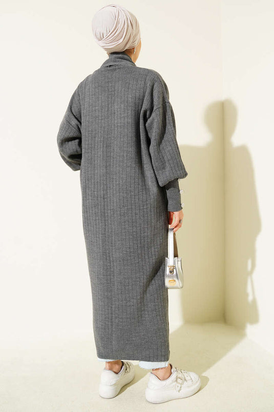 Shawl Collar Knitted Cardigan with Buttoned Sleeves, Smoke Color