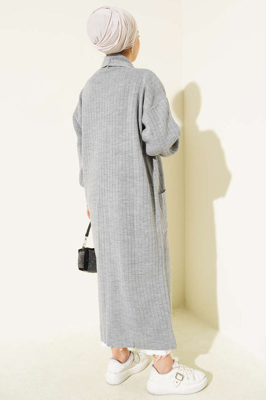 Cardigan In Maglia Grigia Con Bottoni E Collo A Scialle