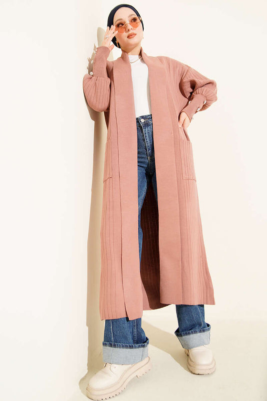 Kol Ucu Düğmeli Şal Yaka Triko Hırka Gül Kurusu