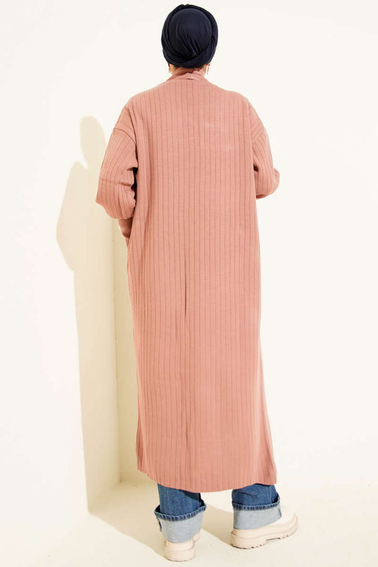 Kol Ucu Düğmeli Şal Yaka Triko Hırka Gül Kurusu