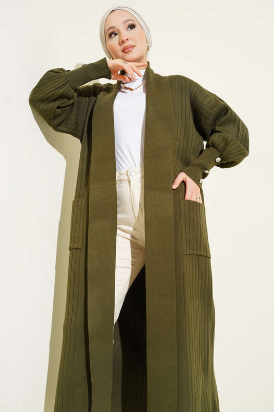 Shawl Collar Knitted Cardigan with Buttoned Sleeves, Khaki