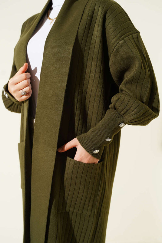 Shawl Collar Knitted Cardigan with Buttoned Sleeves, Khaki